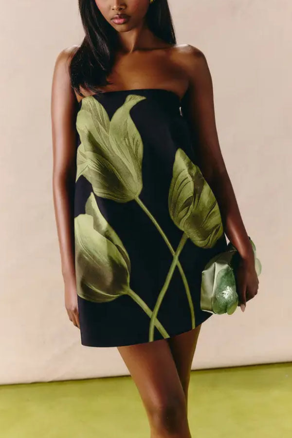 Daphne Retro Botanical Strapless Dress-Consonak