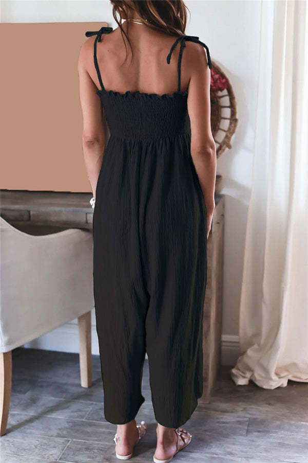 Elegant Solid Color High Waist Linen Blend Suspender Pleated Jumpsuit-consonak