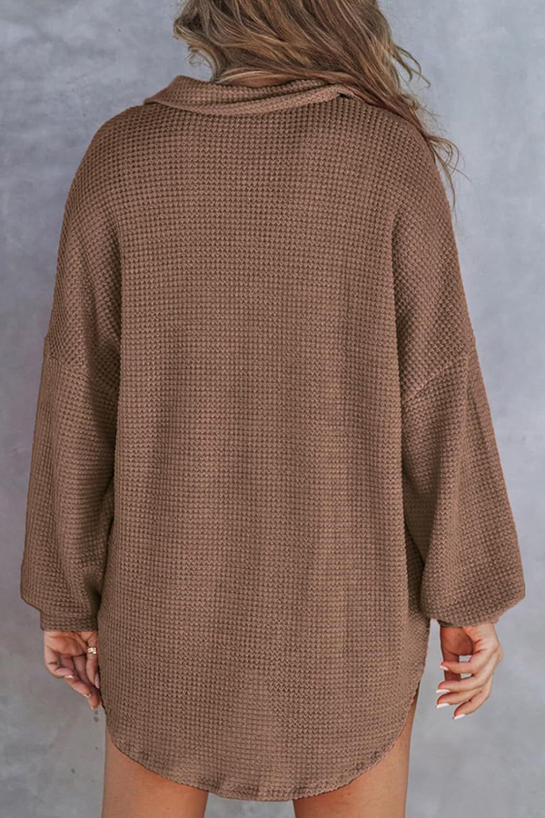 Solid Color Waffle Loose Casual Knitted Pocket Top-consonak