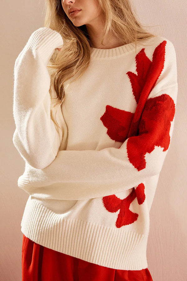 Fashionable Color-blocked Floral Loose Long-sleeved Knit Sweater-consonak