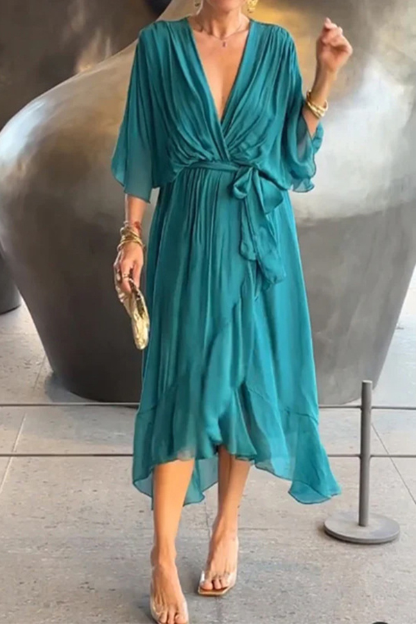 Solid Color V-neck Bat Sleeve Lace-up Irregular Hem Midi Dress | Consonak