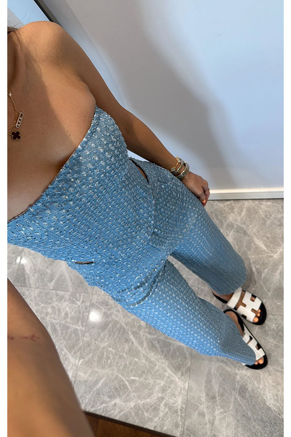 Fashionable Look Denim Sequin Textured High Rise Pocket Straight Jeans-consonak