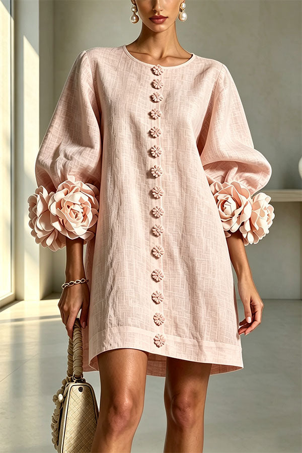 Rima Linen Blend Flowers Button Down Floral Cuffs Half Sleeve Mini Dress-Consonak