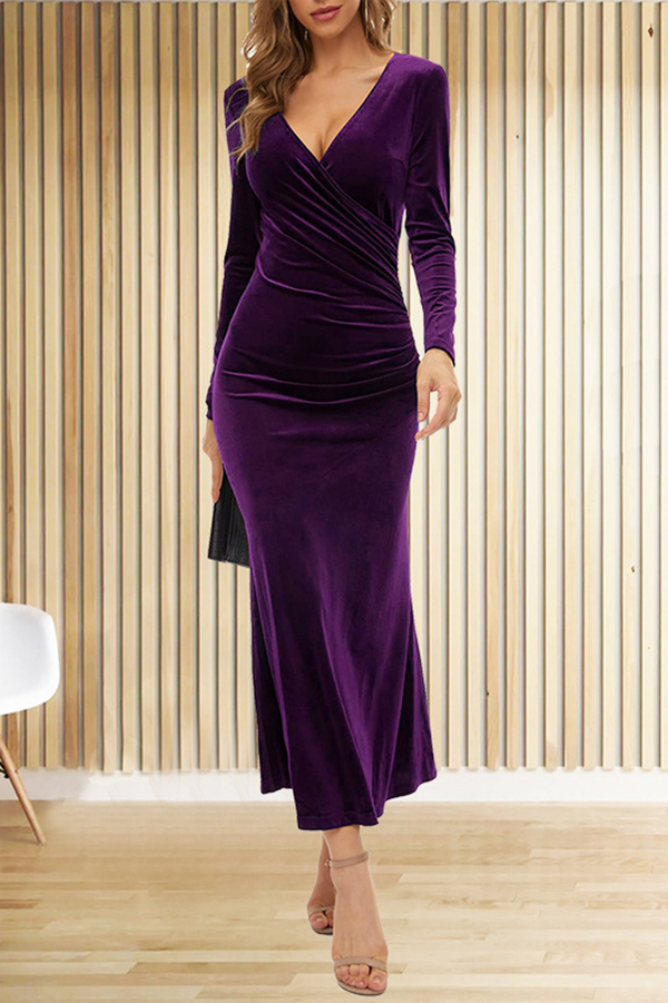 Solid Color Velvet Long Sleeve V-neck Slim Fit Fishtail Maxi Dress | Consonak