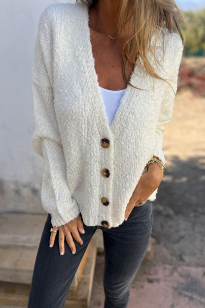 Solid Color V-neck Long-sleeved Fashionable Knitted Cardigan-consonak