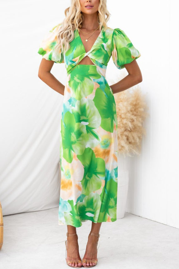 Sophia Floral Print Satin Puff Sleeve Twist Bust Cutout Midi Dress-consonak
