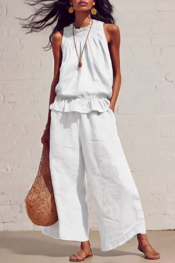 Linen Blend Round Neck Sleeveless Ruffled Top and Elastic Waist Casual Pocket Wide-leg Pants Set-Consonak