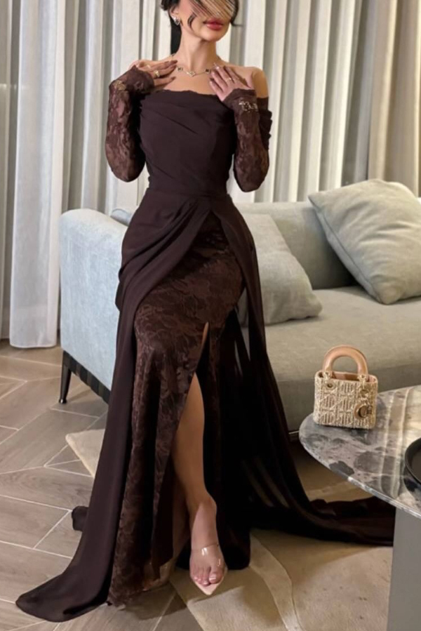 Elegant Patchwork Lace Off-shoulder Long-sleeved Slim-fit Maxi Dress-consonak