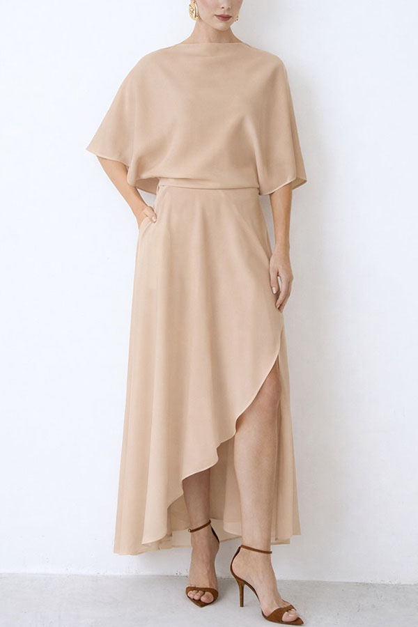 Modern and Elegant Satin Half Wide Sleeve Wrap Style Pocket Slit Loose Maxi Dress-consonak