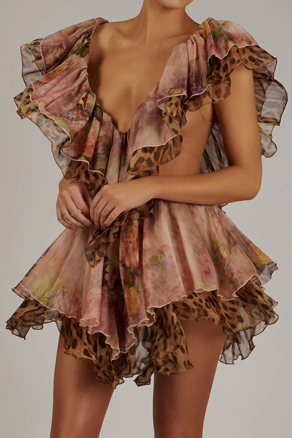 Dreamy Island Floral Leopard Print Cutout Waist Tiered Ruffles Mini Dress | Consonak