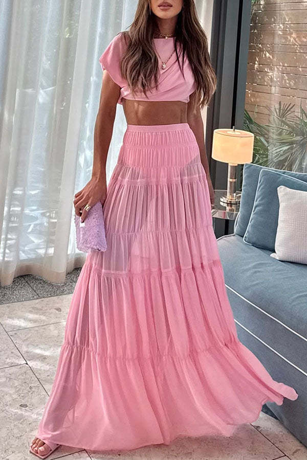 Stunning Chiffon Elastic Waist Layered A-line Maxi Skirt-consonak