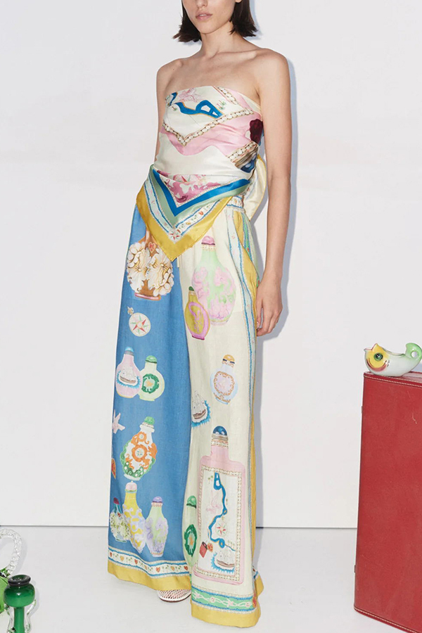 Creating Memories Linen Blend Unique Print Elastic Waist Pocket Wide Leg Pants-consonak