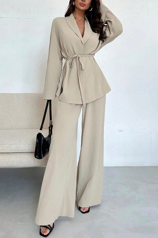 Solid Color Collared Long-sleeved Tie-waist Loose Top and Elastic Waist Casual Wide-leg Pants Set-consonak