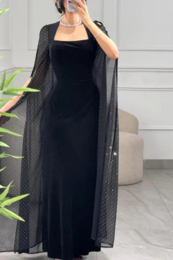 Solid Color Velvet Square Neck Slim Fit Rhinestone Maxi Dress-consonak