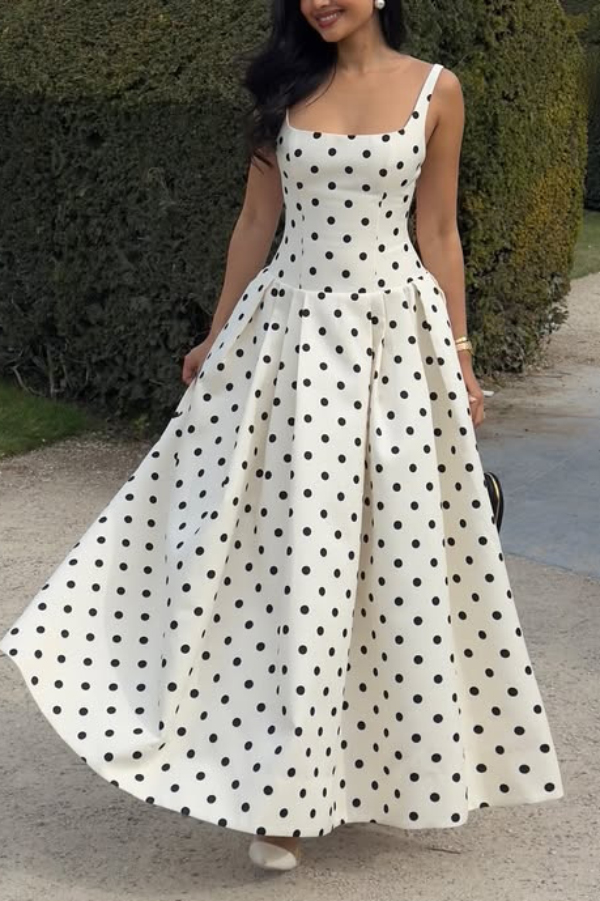 Polka Dot Print Square Neck Sleeveless Holiday Maxi Dress
