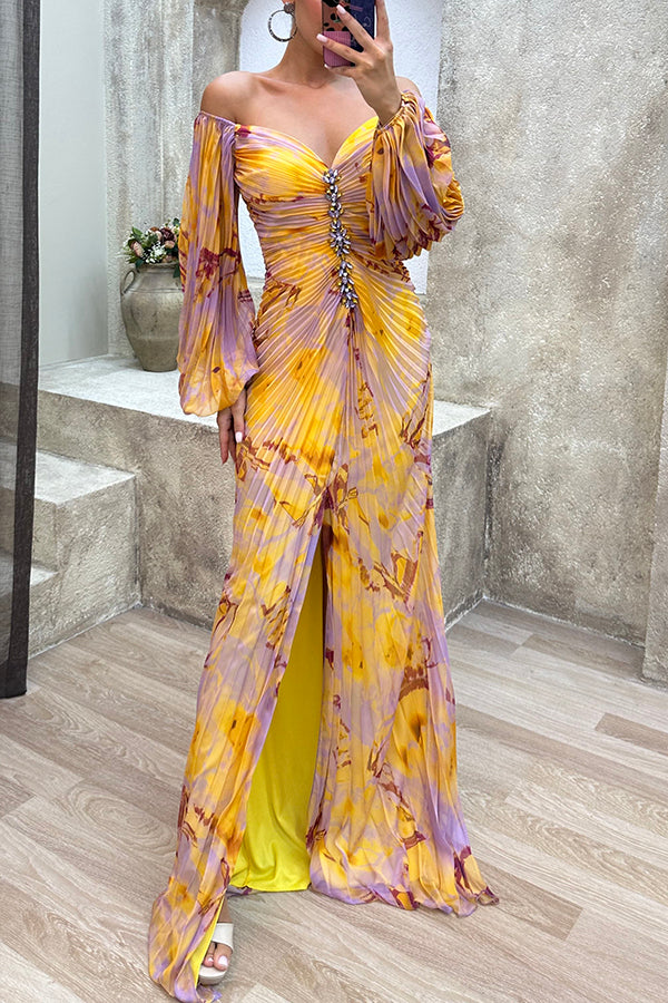 Sunset Serenade Printed Off Shoulder Embellished Pleated Slit Maxi Dress | Consonak