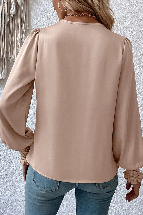 Satin Solid Color V-neck Lantern Sleeve Elegant Loose Shirt-consonak