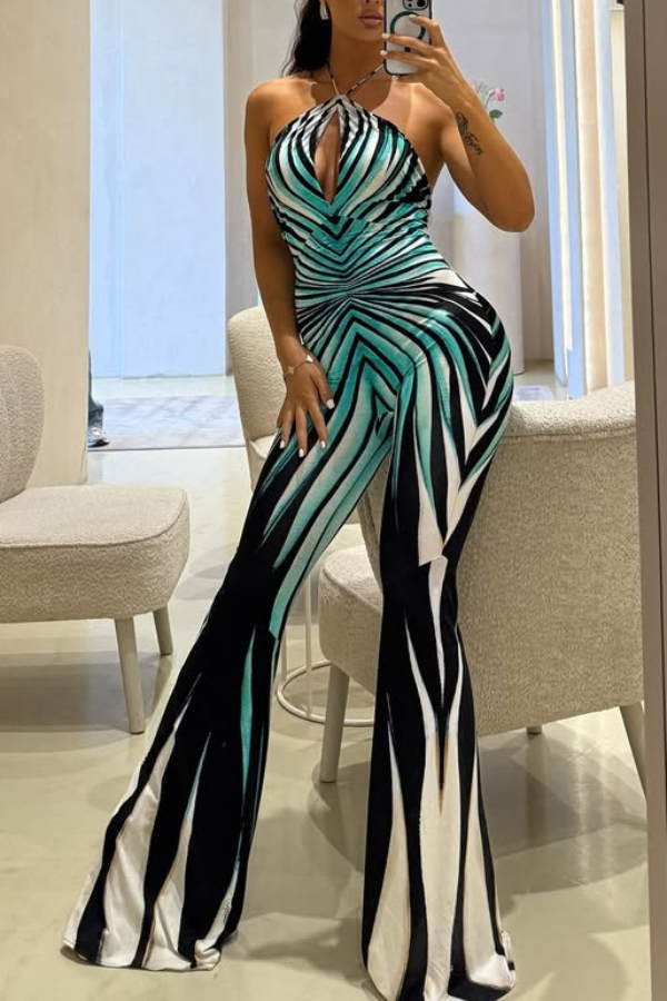 Unique Striped Print Halter Neck Cutout Tie-up Casual Flared Jumpsuit-consonak