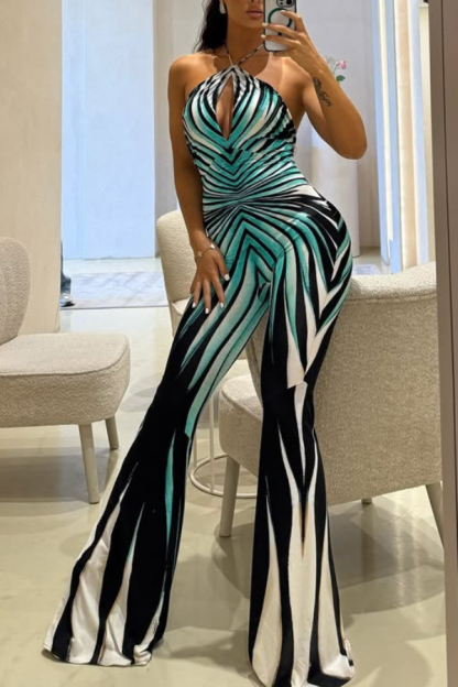 Unique Striped Print Halter Neck Cutout Tie-up Casual Flared Jumpsuit-consonak