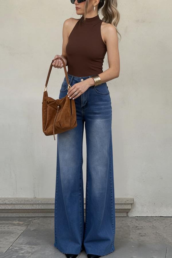 Stylish High-waisted Pocket Casual Frayed Straight Leg Jeans-consonak