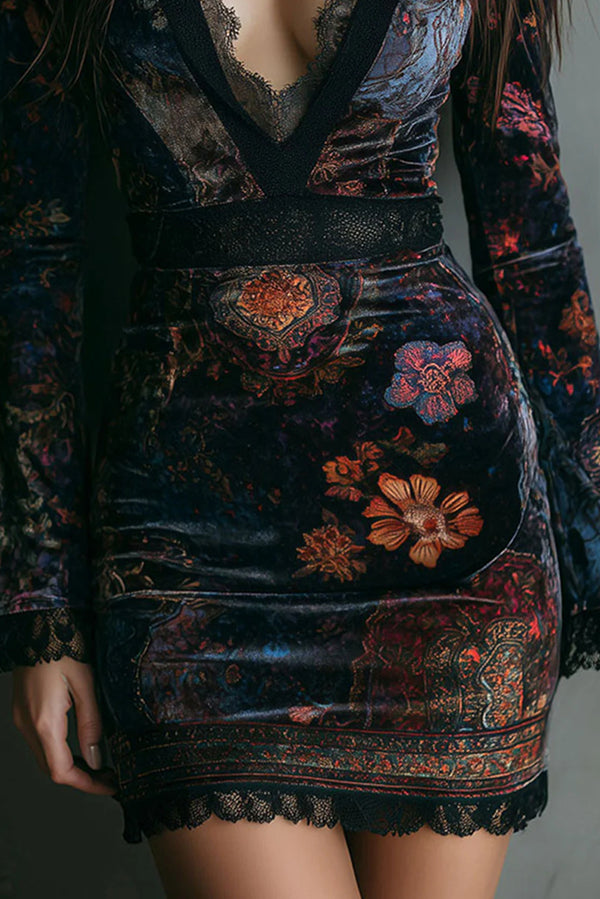 Elegant Velvet Floral Print V-neck Long-sleeved Slim-fit Mini Dress-consonak