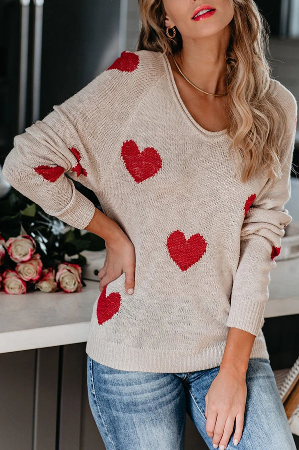 Stylish Color-blocked Heart-patterned Long-sleeved Loose Knit Sweater-consonak
