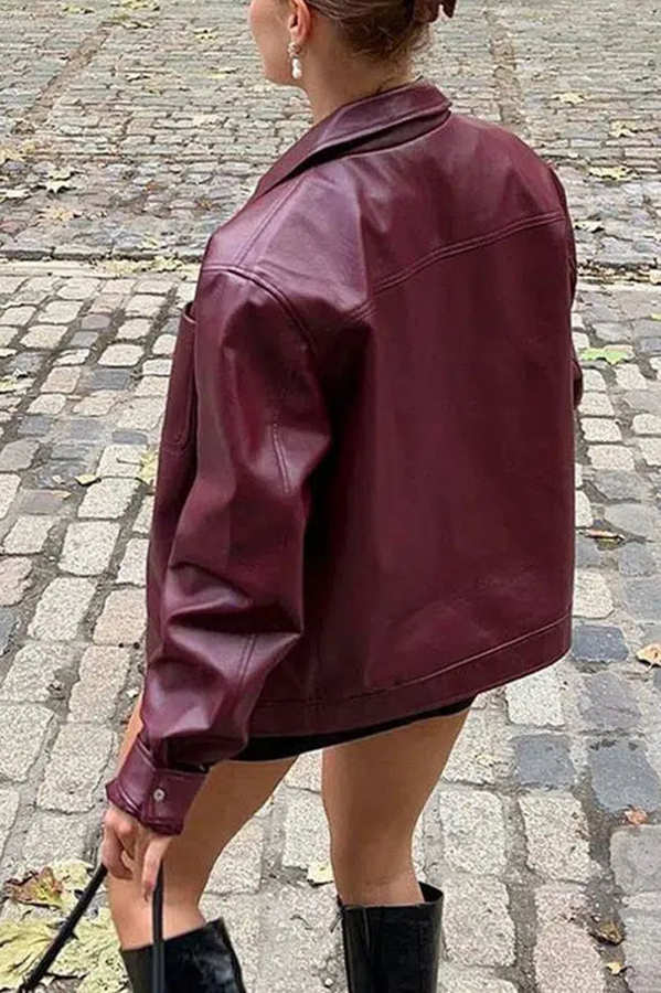 Y2K Burgundy Faux Leather Pocketed Zipper Loose Jacket-consonak