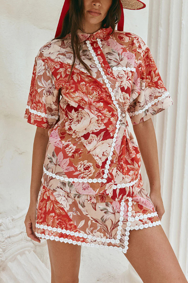 Floral Print Collared Short-sleeved Loose-fitting Shirt and Casual Floral Trim Mini Skirt Set-consonak