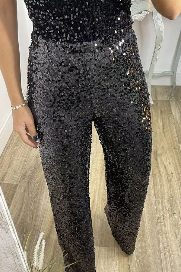 Glitzy Glamour Sequin High Rise Elastic Waist Wide Leg Pants | Consonak