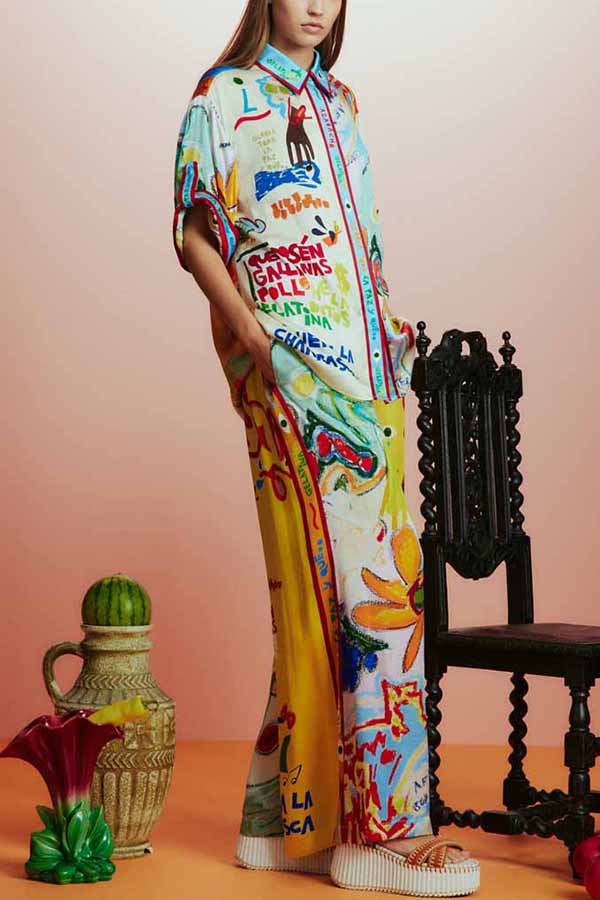 Raina Satin Unique Print Short-sleeved Loose Shirt and Elastic Waist Pocket Pants Set-consonak