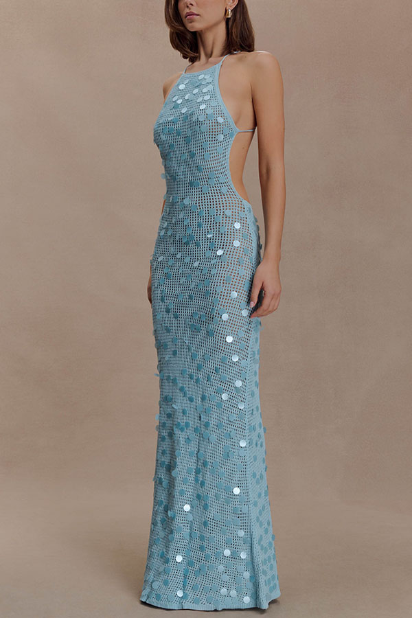 All Shimmer Knit Crochet Sequin Open Back Lace-up Vacation Maxi Dress-consonak