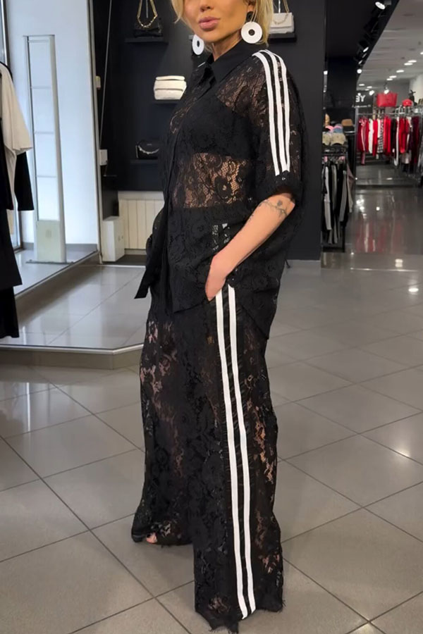 Mix Fashion Lace Striped Trim Short Sleeve Button Shirt and Elastic Waist Pocket Loose Pants Set