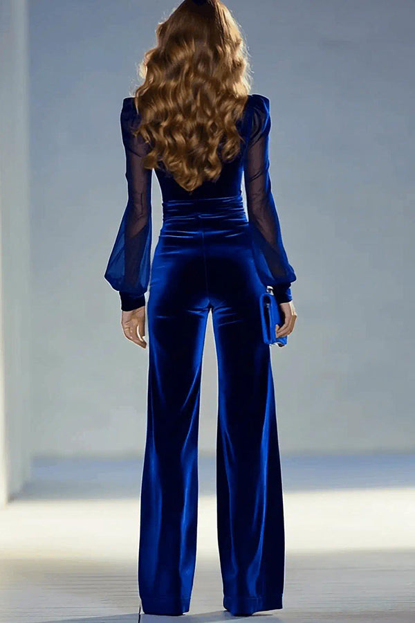Solid Color Velvet V-neck Long-sleeved Elegant Fitted Jumpsuit-consonak