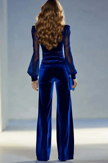 Solid Color Velvet V-neck Long-sleeved Elegant Fitted Jumpsuit-consonak