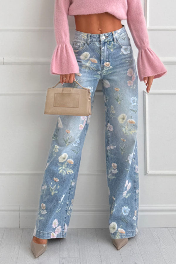 Spring Calling Denim Colorful Floral Print High Rise Pocket Straight L