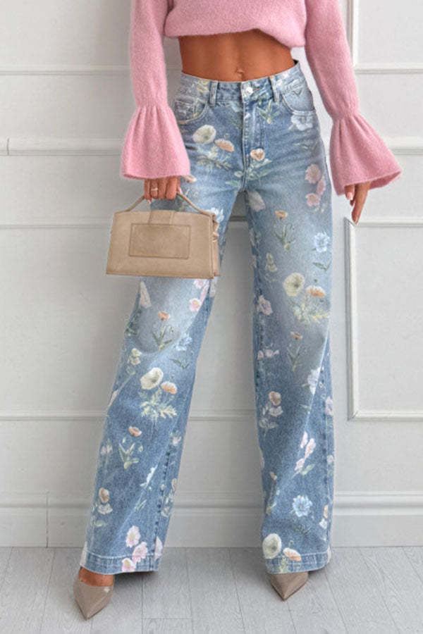 Spring Calling Denim Colorful Floral Print High Rise Pocket Straight L