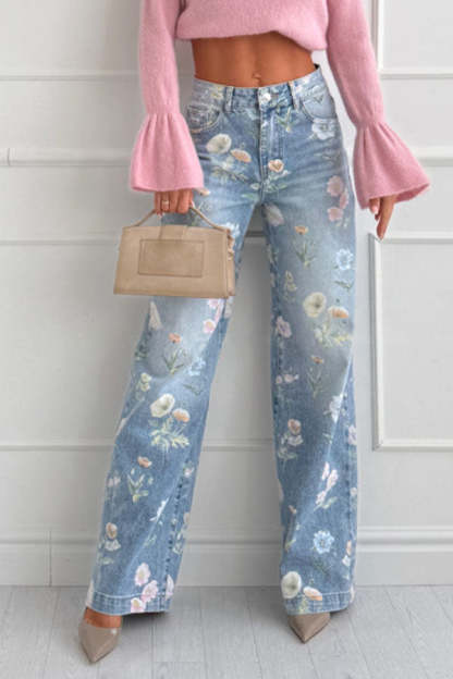 Spring Calling Denim Colorful Floral Print High Rise Pocket Straight Leg Jeans