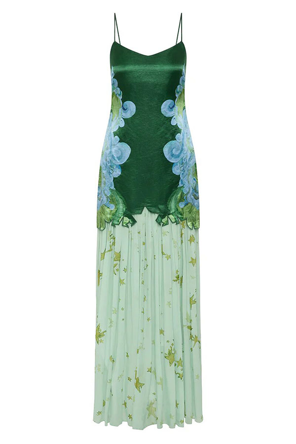 Fresh Bloom Unique Print Satin and Pleated Tulle Hem Slip Maxi Dress