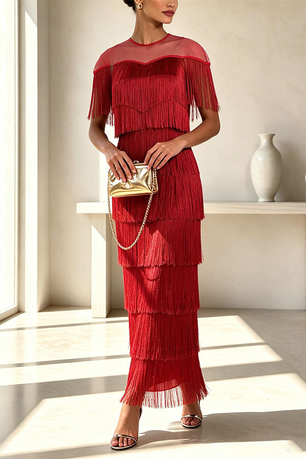 Elowyn Mesh Tiered Tassel Patchwork Round Neck Cape Sleeve Midi Dress-Consonak