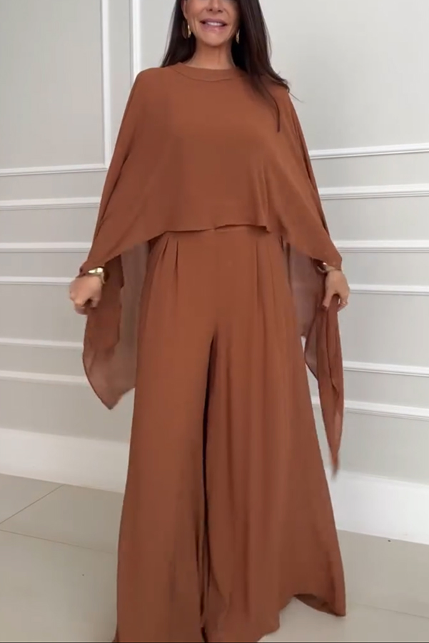 Veronica Chiffon Cape Flowing Top and Elastic Waist Wide-Leg Pants Set-consonak