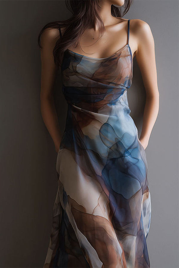 Monet's Dream Abstract Watercolor Cowl Neck Maxi Dress-Consonak