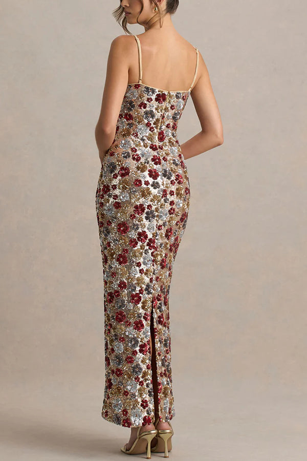The Center of Attention Floral Print Sequin Square Neck Slip Stretch Maxi Dress-consonak
