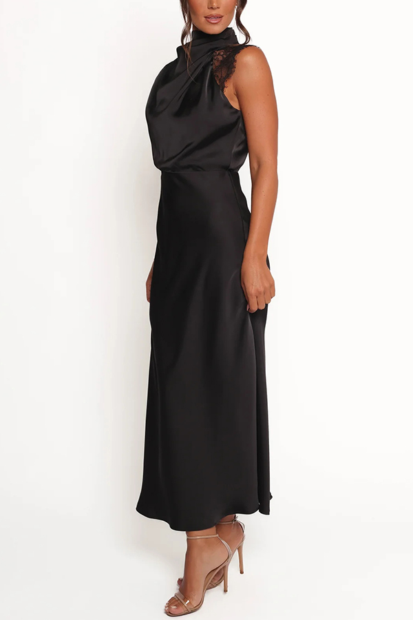 Touch of Allure Satin Drape High Neck Lace Detail Maxi Dress