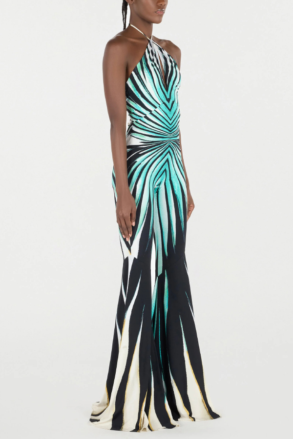 Unique Striped Print Halter Neck Cutout Tie-up Casual Flared Jumpsuit-consonak