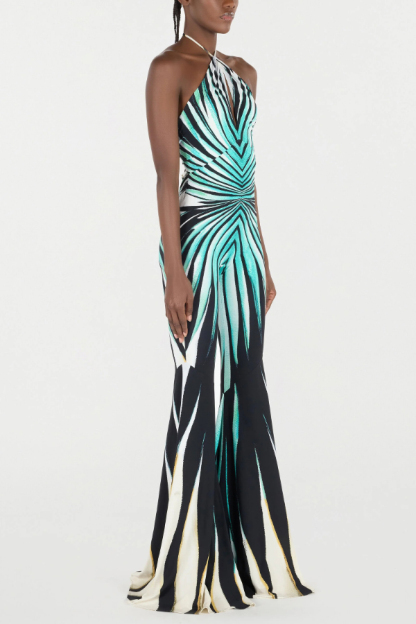 Unique Striped Print Halter Neck Cutout Tie-up Casual Flared Jumpsuit-consonak