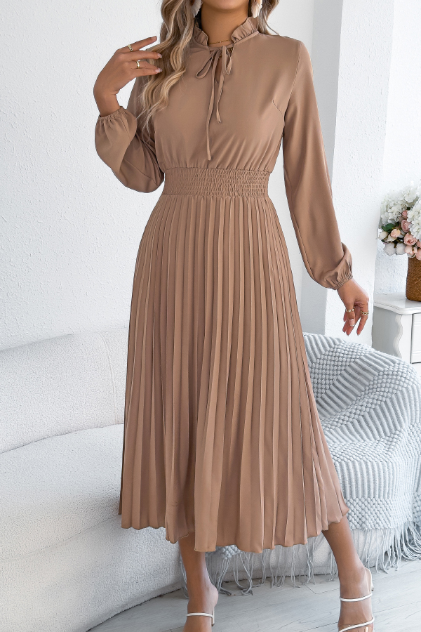 Solid Color Long-sleeved Fitted Waist Pleated Elegant Midi Dress-consonak