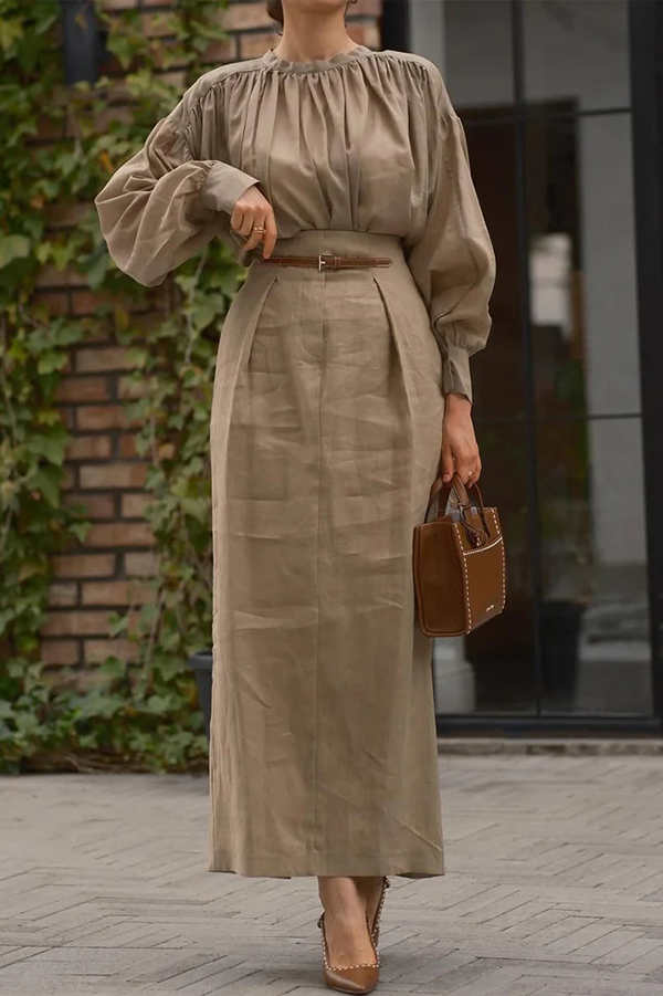 Solid Color Round Neck Long-sleeved Pleated Shirt and Elegant Maxi Skirt Set-consonak