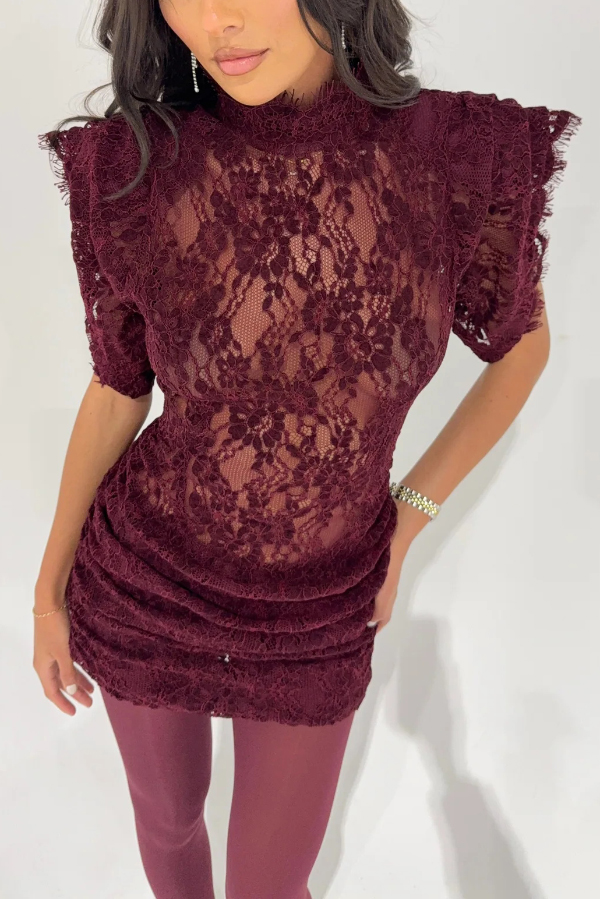Bold and Alluring Lace High Neck Statement Padded Shoulder Wide Sleeve Ruched Mini Dress-consonak