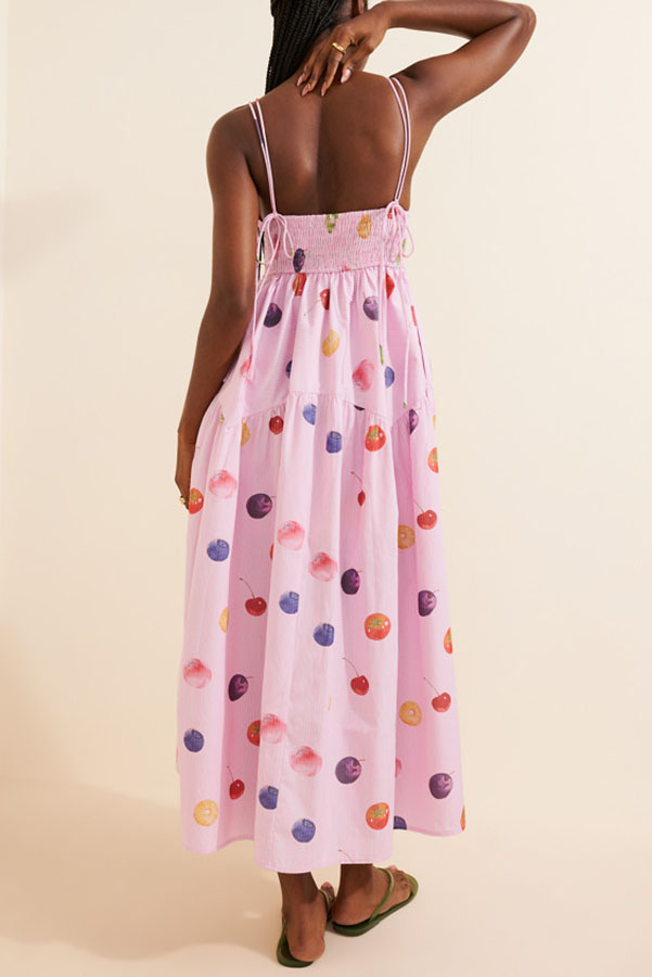Lovely Summer Unique Color-Block Fruit Stripe Print Smocked Waist Maxi Dress