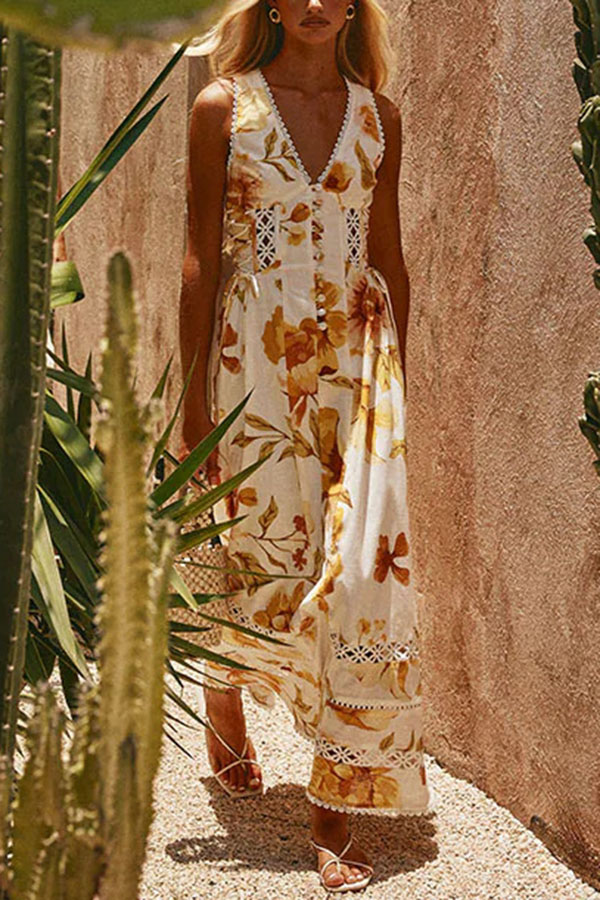 Clover Linen Blend Floral Print Cutout Trim Button Up Side Lace-up Maxi Dress-consonak